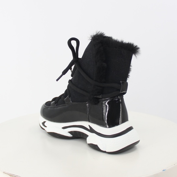 Fur Lined Thick Sole Winter High Top Sneaker in Black Faux Suede, Women’s - Picture 3 of 15